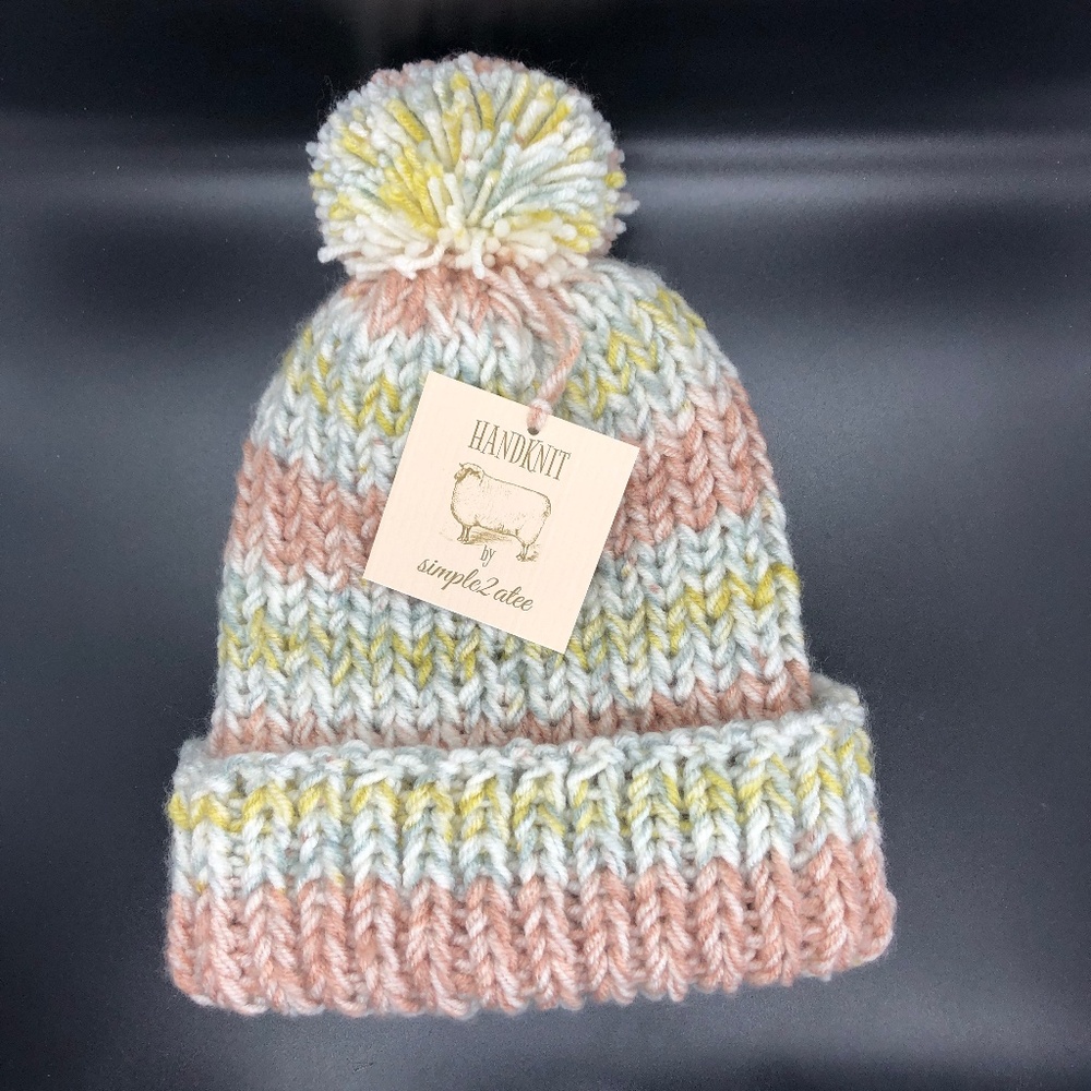 CHUNKY Ribbed Double Strand Hand Knit Marble Roll Cuff Pom Beanie Hat